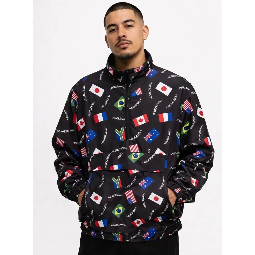 Forever 21 Men's 1/4 Zip Windbreaker with Multicolor Flag Accents - Size Medium